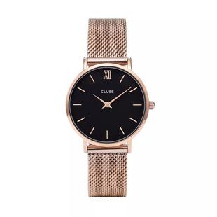 代购 商务腕表 CLUSE女士玫瑰金镀层不锈钢链黑盘石英防水时尚