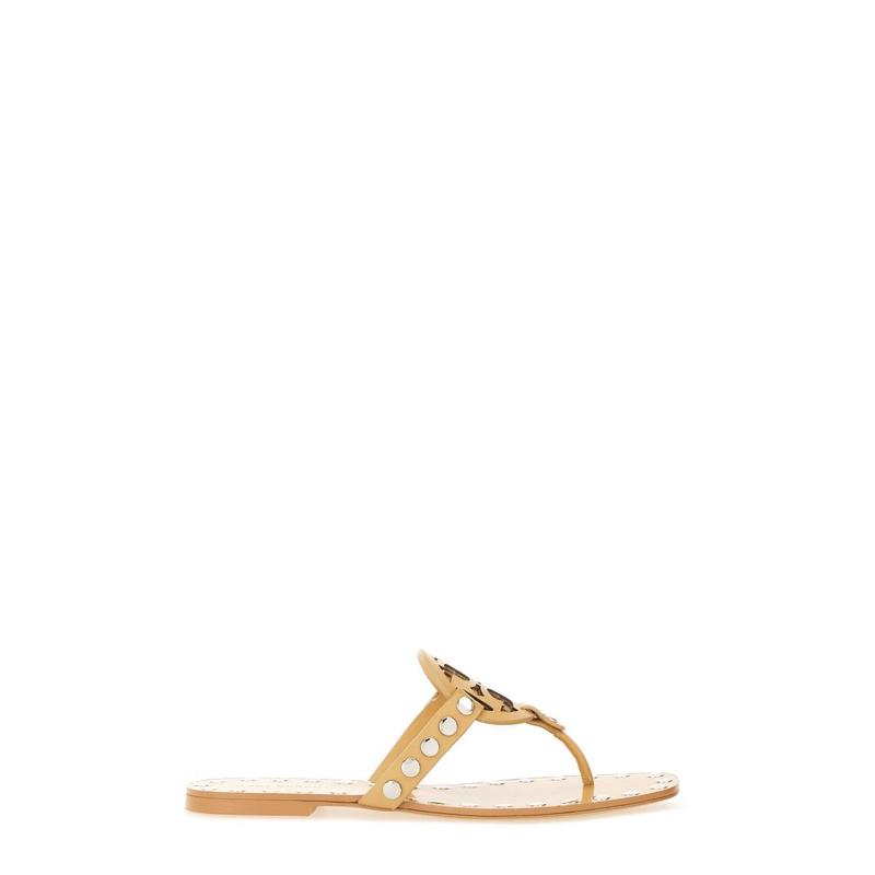 Tory Burch/汤丽柏琦女时装凉鞋金属钉T字带平底黄皮