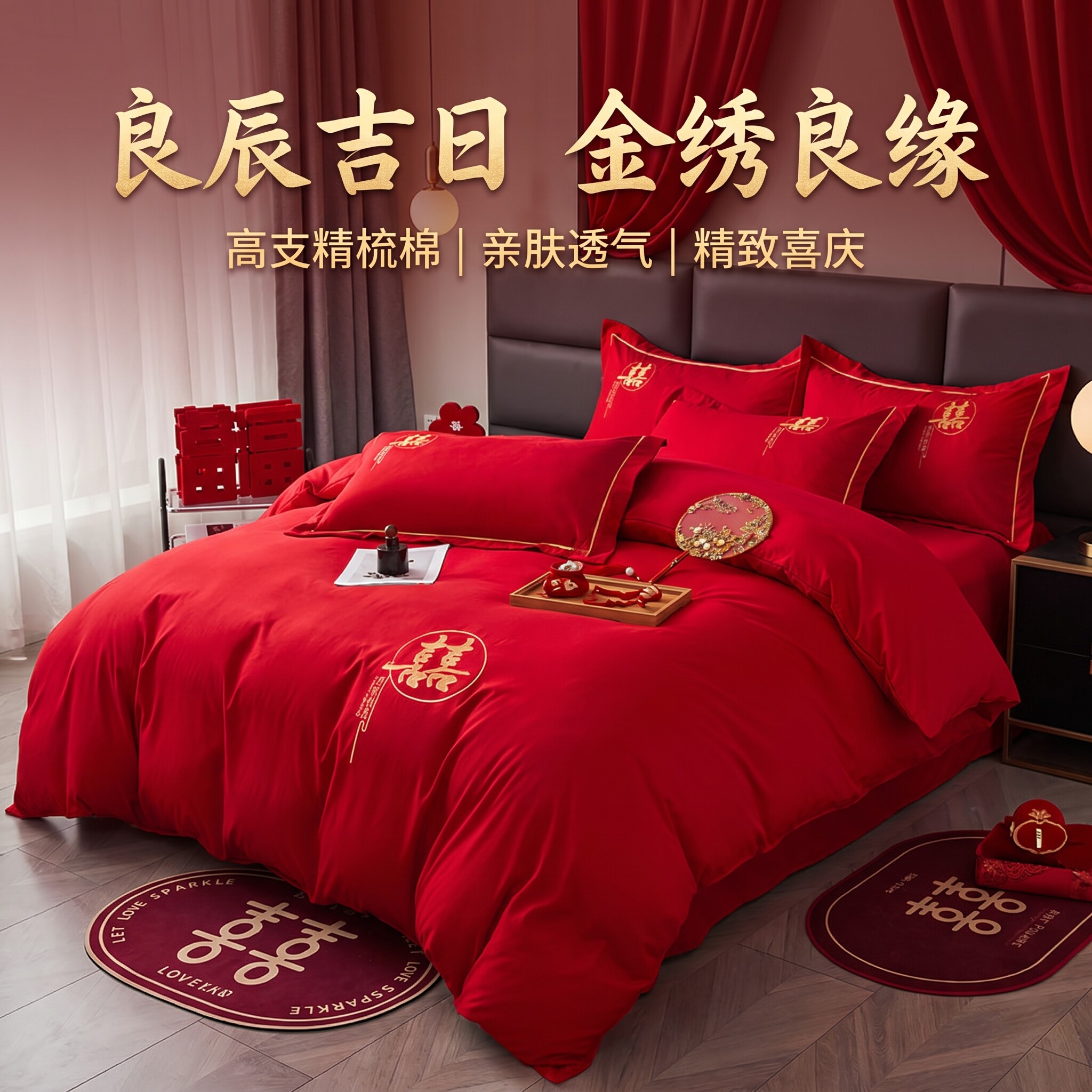 四件套婚庆结婚红色婚房超柔软水洗棉床单被罩年轻人新婚床上用品