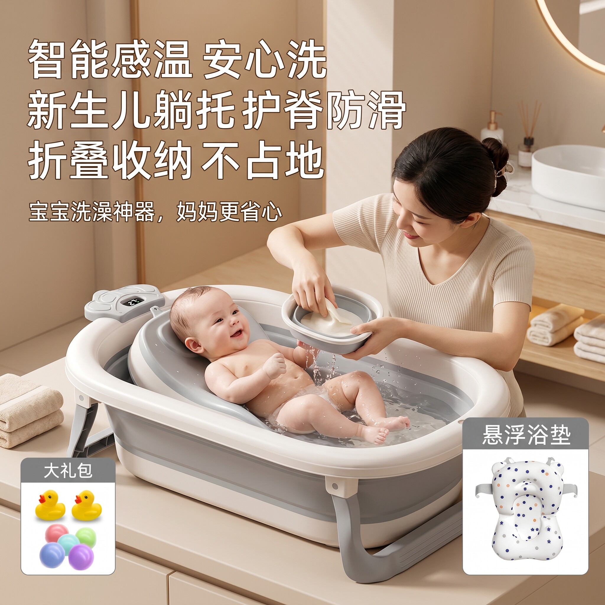 婴儿洗澡盆躺托一体可折叠宝宝新生折叠3到12岁坐躺沐浴桶浴家用