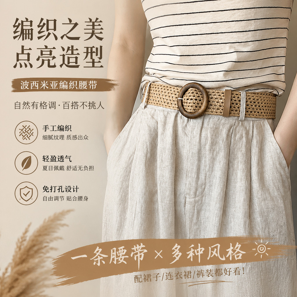编织腰带女款配裙子咖色波西米亚民族风百搭腰封免打孔连衣裙配饰