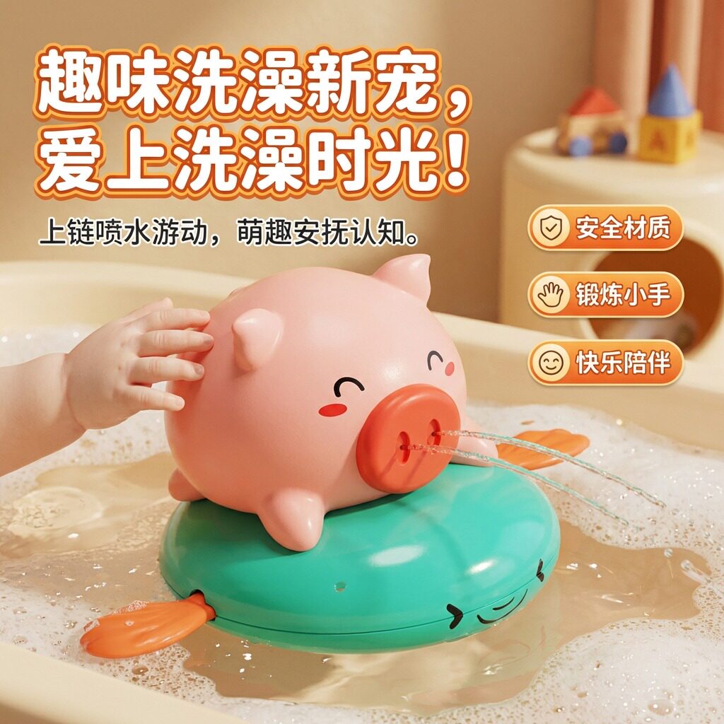 洗澡玩具男孩冲浪小猪骑飞鱼拉线游泳恐龙上链发条鸭子儿童戏水女