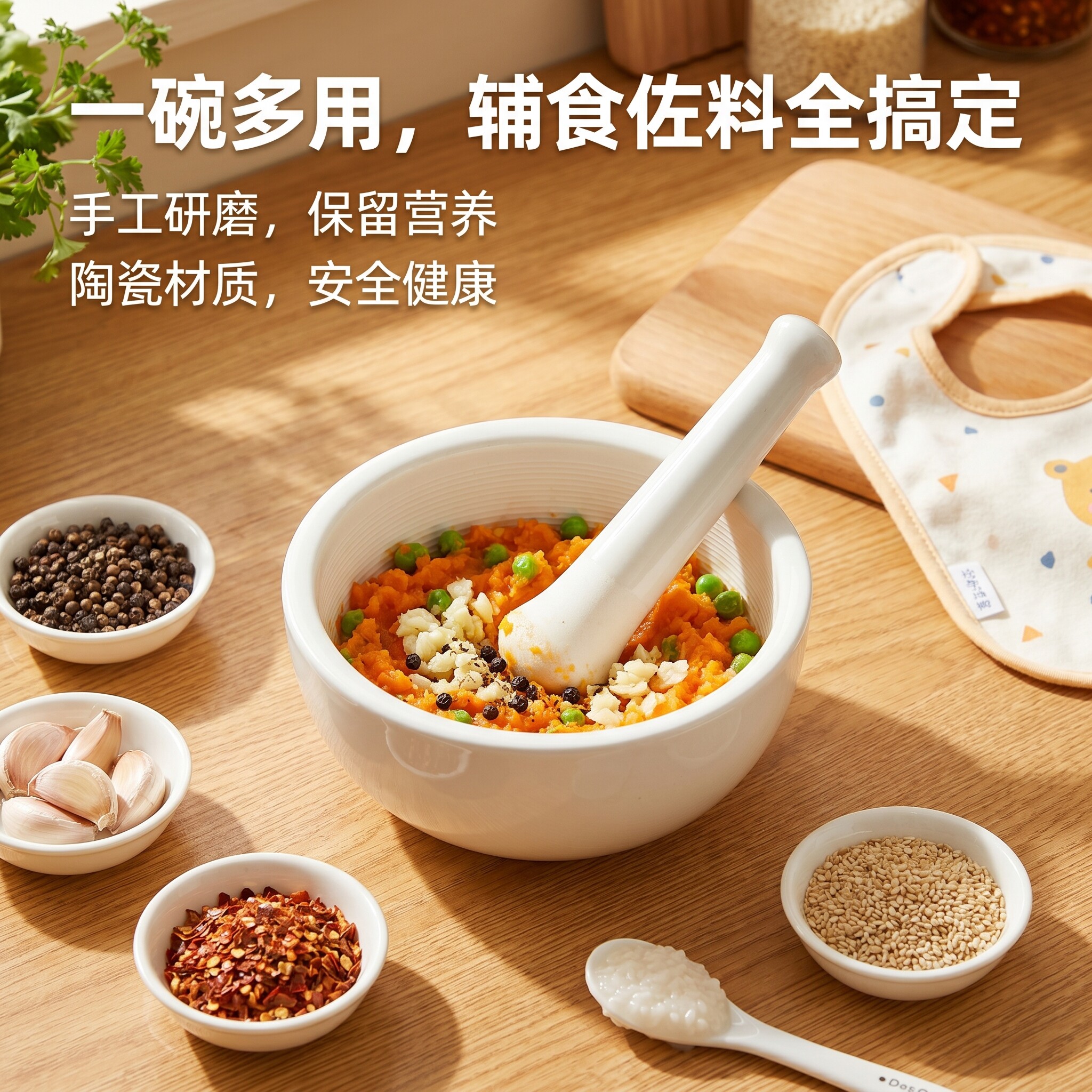 研磨碗婴儿辅食蒜泥胡椒粒蒜臼捣辣椒擂钵米糊芝麻手动陶瓷研磨器