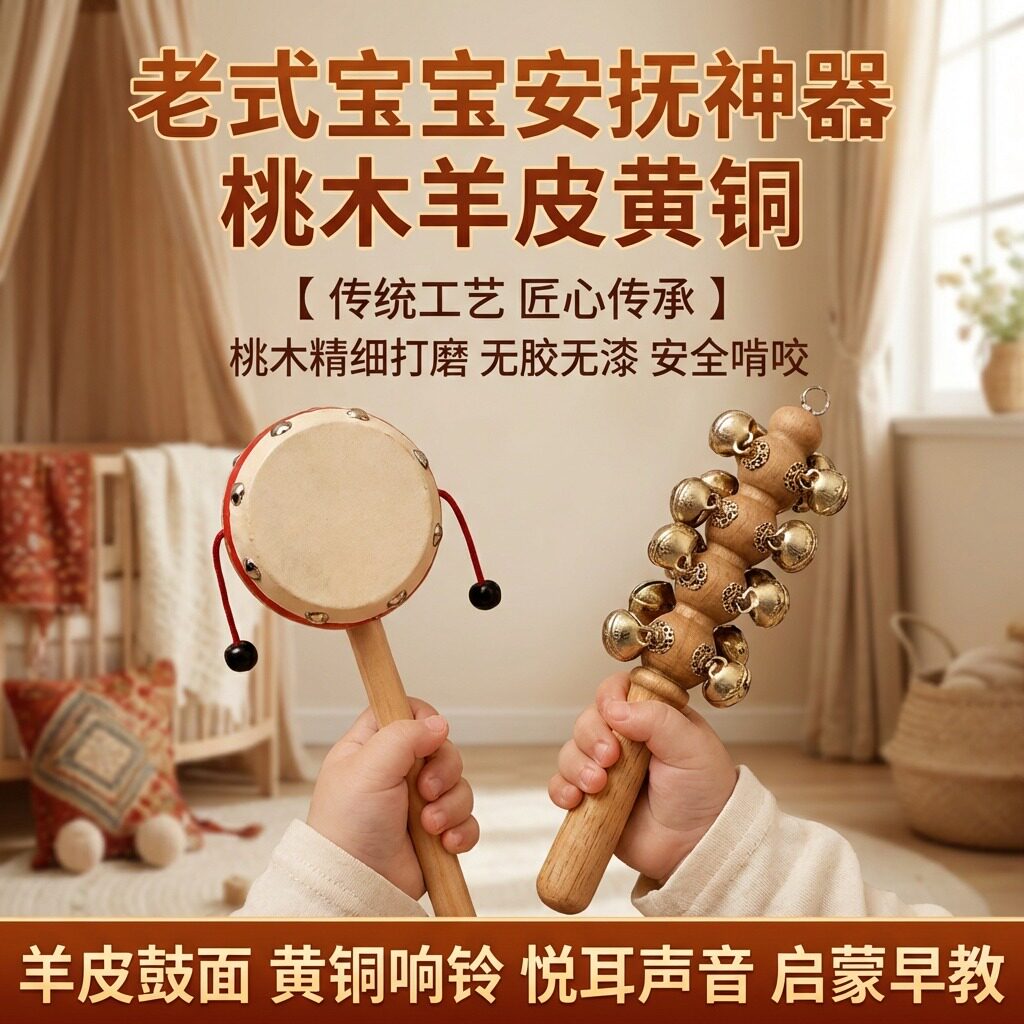 羊皮拨浪鼓黄铜铃铛哗啦棒老式手工新生婴幼儿可啃咬木质老桃木