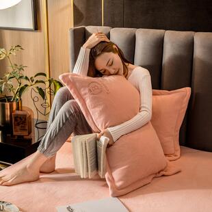 冬季粉色纯色牛奶绒枕套一对装48x74加厚法兰绒珊瑚绒枕头套单个