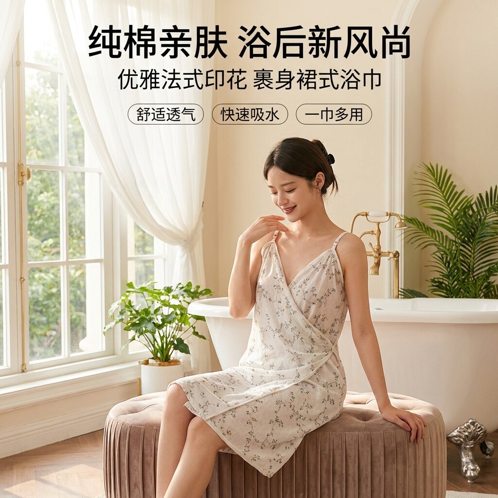 浴袍女吊带爆款睡袍纯棉四层绉布情调一片式浴巾可裹可穿带沙滩巾