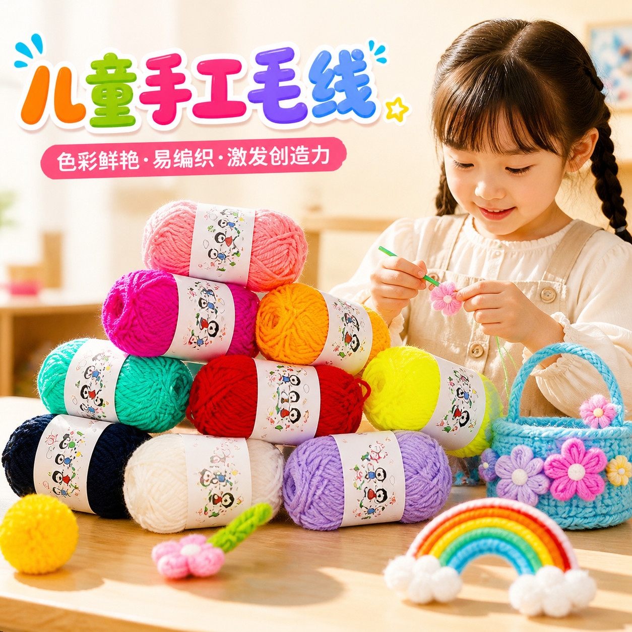 毛线幼儿园手工编织diy材料彩色12色毛线团益智儿童制作粘贴画女