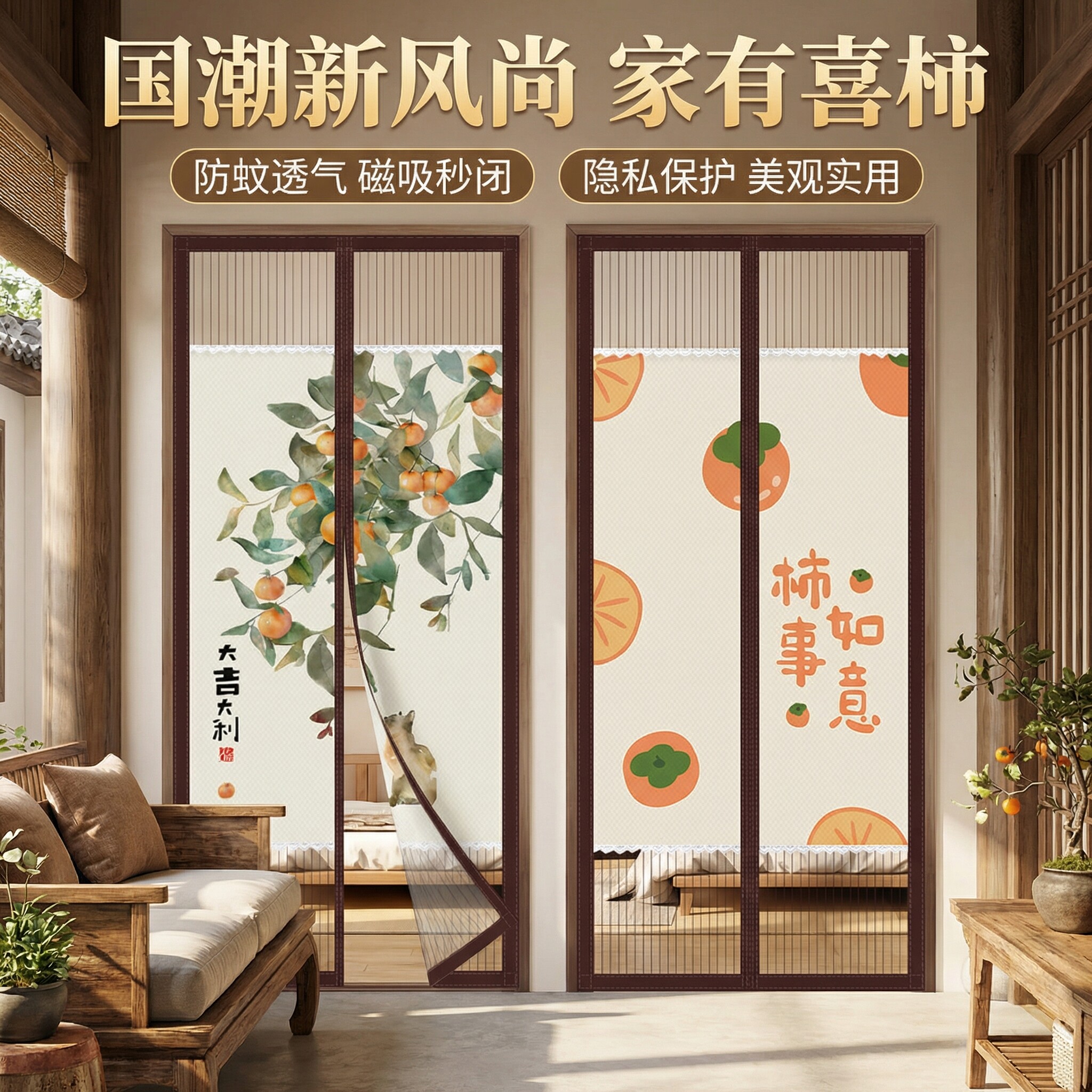 夏天防蚊子门帘自粘贴全磁条魔术贴帘家用卧室新款免打孔隔断纱门
