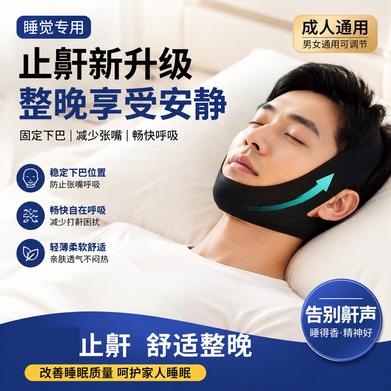 重度打呼噜止鼾神器睡觉专用成人防止张嘴三角固定带绑带下巴托