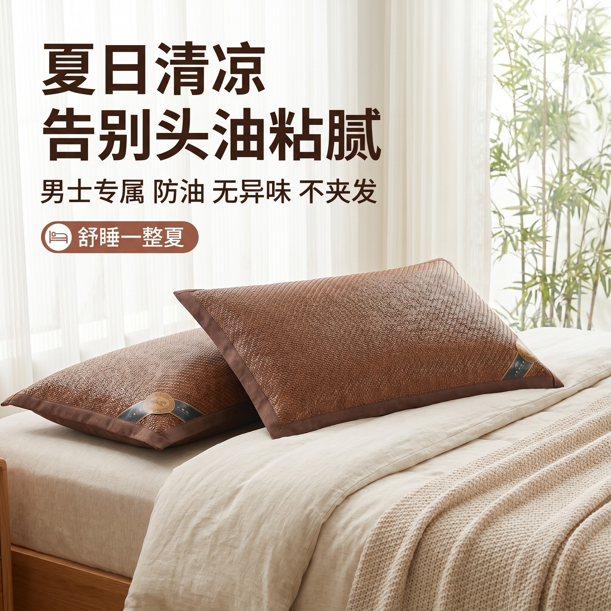 凉席枕头套防水防头油抗菌防螨男士防油一对装四季通用夏凉藤席