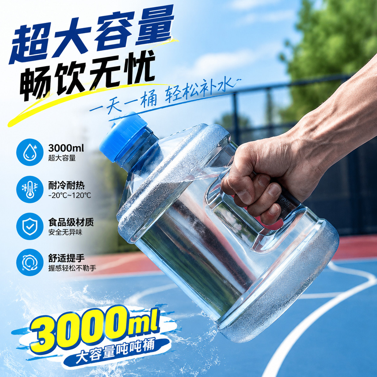 工地超大容量水杯耐冷大号耐高温3000水瓶塑料吨吨桶运动水壶健身