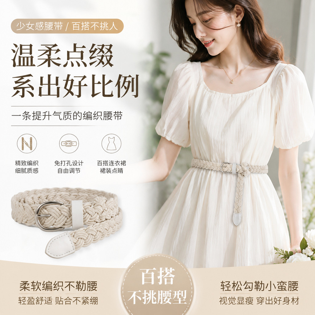 白色编织腰带连衣裙装饰女款配裙子百搭麻花简约腰绳免打孔皮带