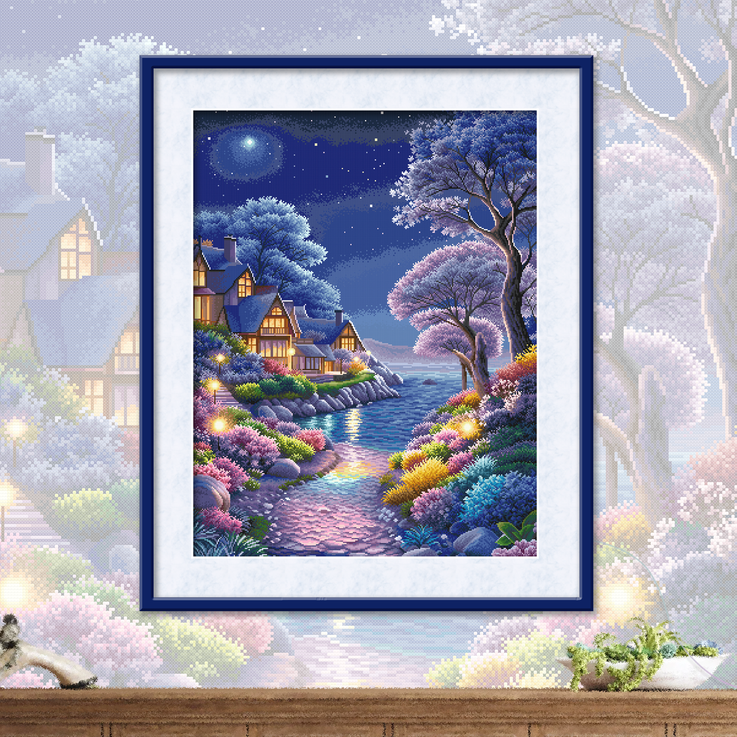 ks十字绣星夜人家客厅卧室挂画自己绣手工DIY套件棉线满绣印花