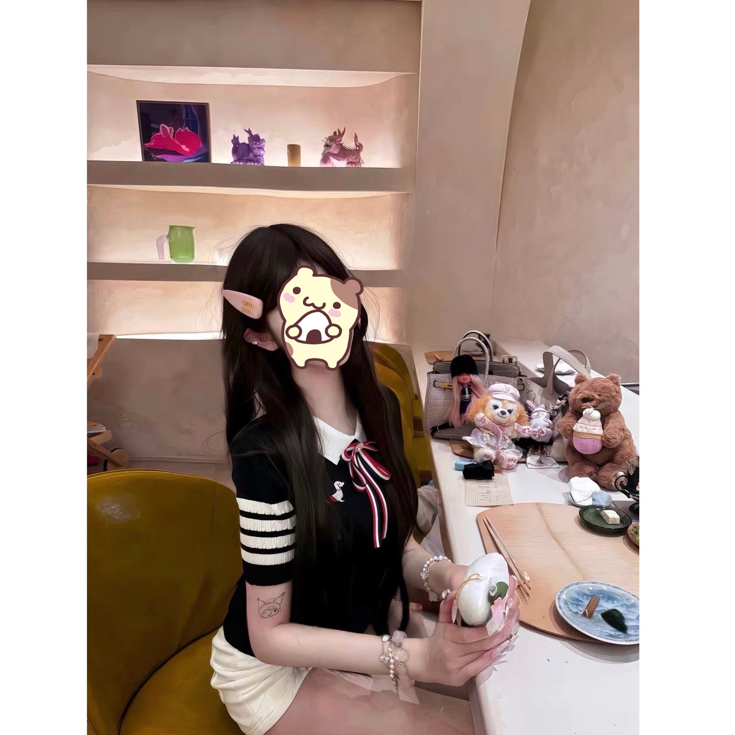 韩系千金风~刺绣狗狗翻领短袖可拆卸蝴蝶结针织上衣修身短款T恤女