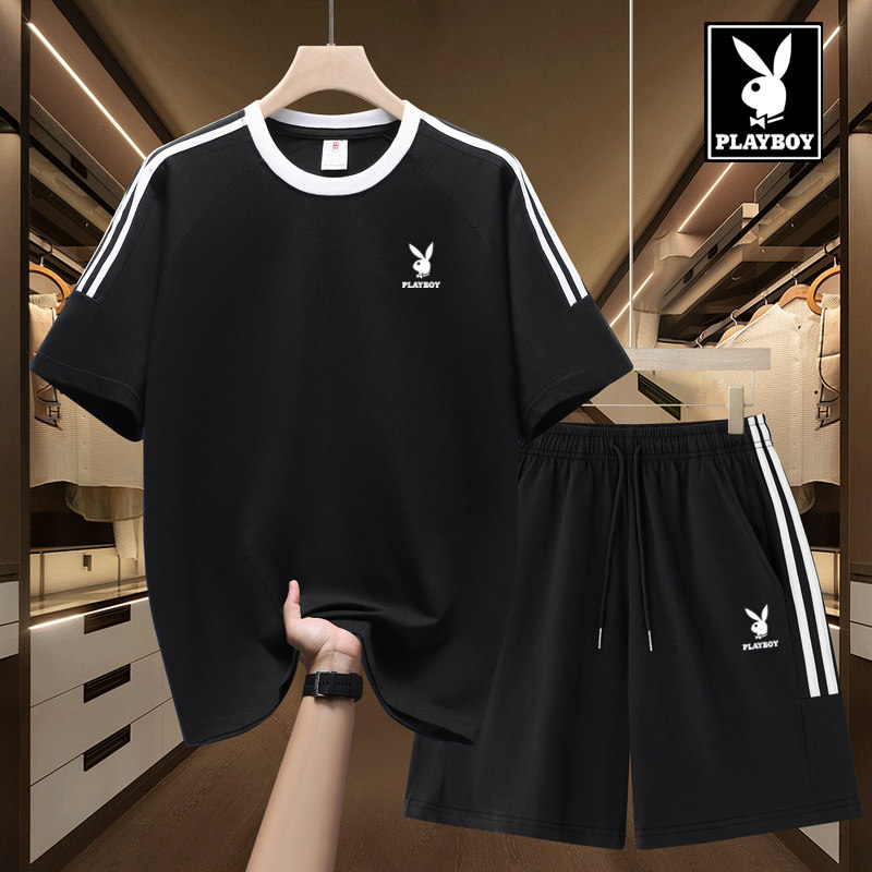 花花公子短袖短裤套装男夏季纯棉三条杠情侣运动休闲T恤两件套潮t