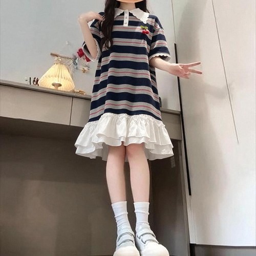 条纹T恤连衣裙女大童夏季初中生宽松13岁娃娃领少女韩系休闲裙子