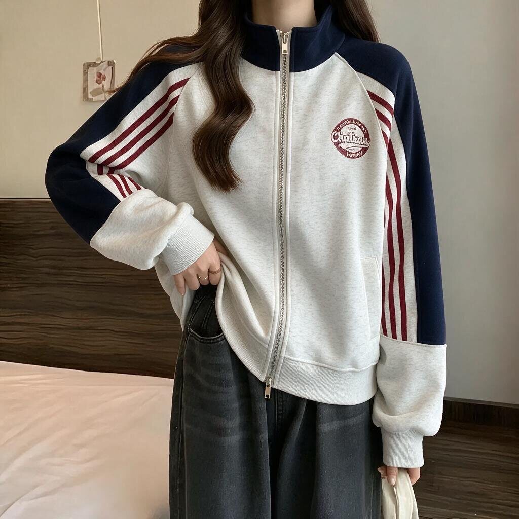 美式立领外套女秋冬2026新款初中学生女大童宽松运动开衫拉链卫衣