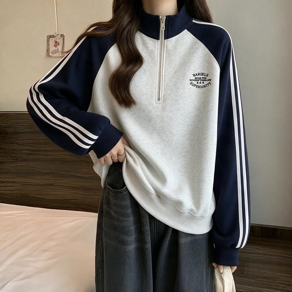 半高领卫衣女春秋美式拼色初中生女大童学院风半拉链插肩长袖上衣
