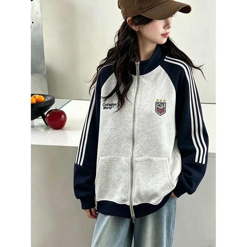 卫衣外套女大童春秋美式运动13岁初中生14胖女孩15宽松拼色棒球服
