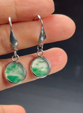 纯天然真玉耳环高冰飘翠绿色非洲翠玉玉石山水画耳坠玉石耳环正品