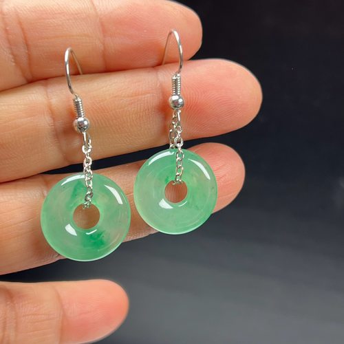 纯天然真玉耳环高冰飘翠绿色非洲翠玉玉石平安扣耳坠玉石耳环正品