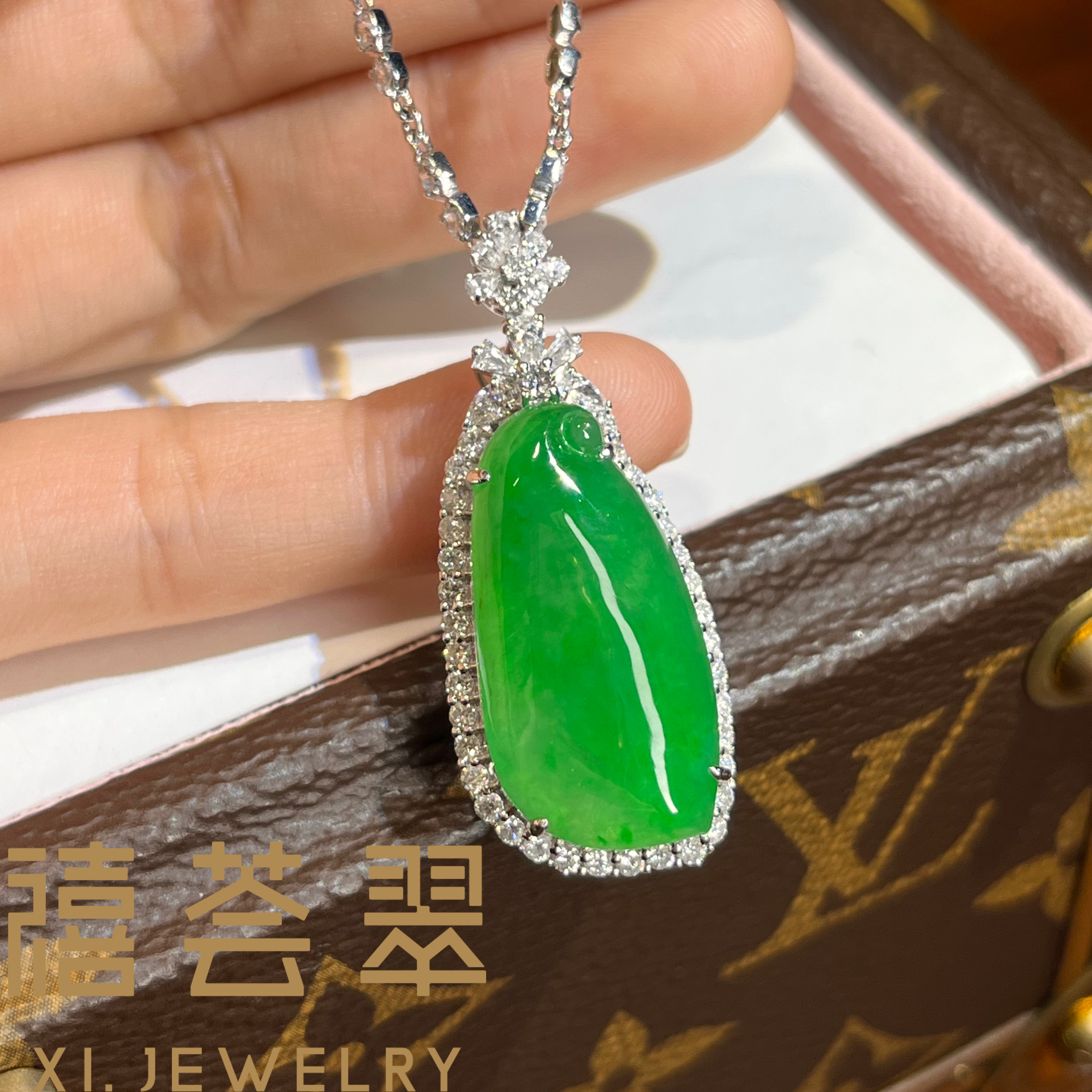 【禧荟翠】翡翠福瓜吊坠钻石镶嵌天然缅甸A货翡翠
