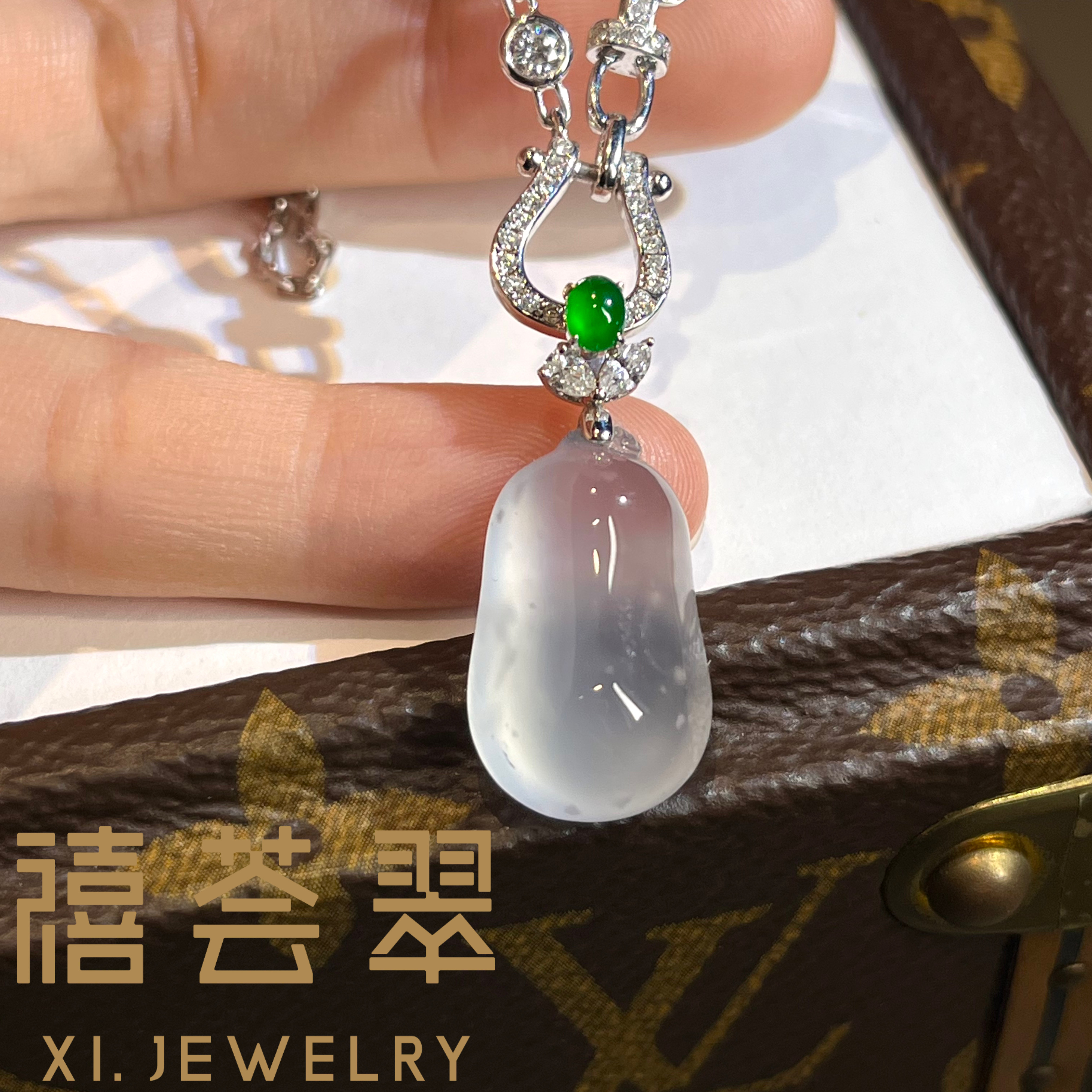 【禧荟翠】翡翠福瓜吊坠钻石镶嵌天然缅甸A货翡翠