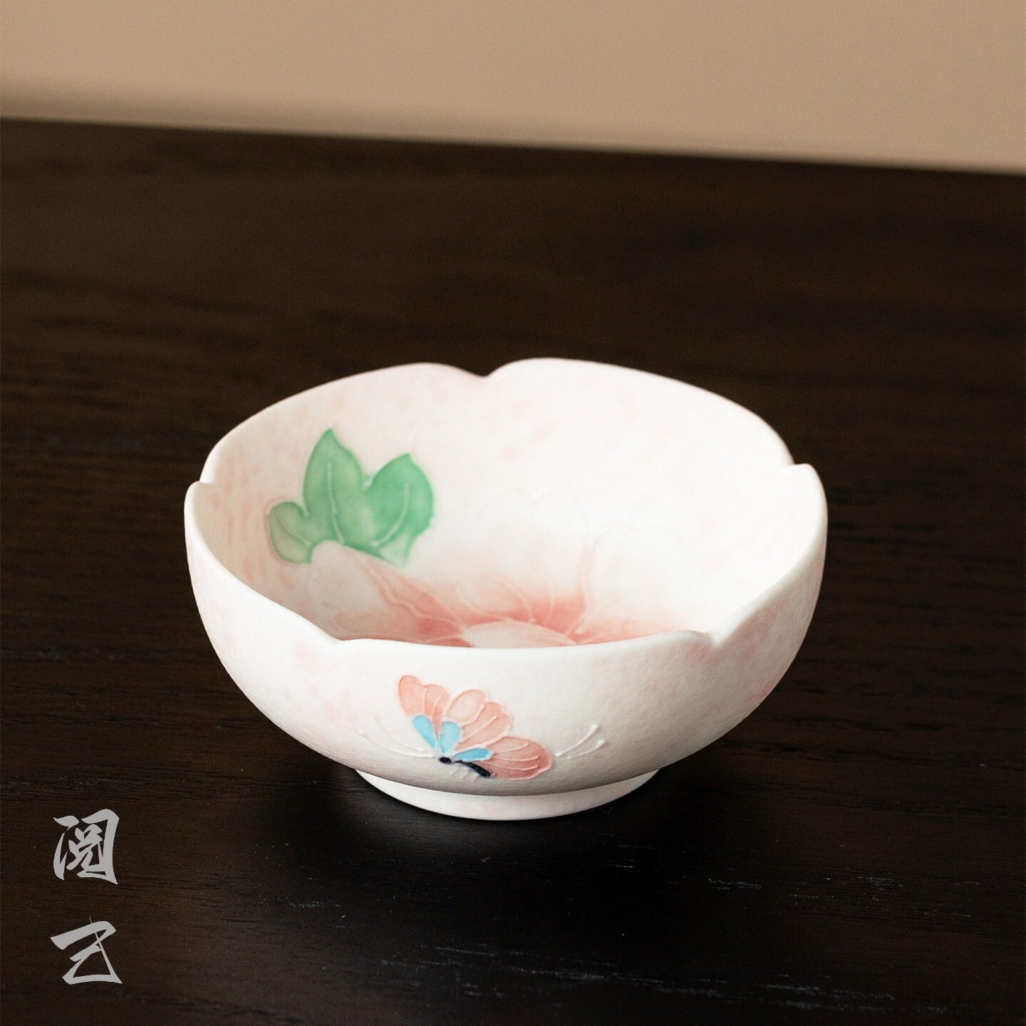 阅己器物 手绘浅粉牡丹陶瓷花口茶杯 家用主人杯功夫茶具品茗杯