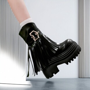 12CM真皮内增高流苏靴小个矮子高跟短靴显瘦超轻厚底坡跟西部女靴