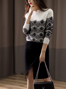091308 雅致美貌 撞色蕾丝拼贴羊绒针织毛衣