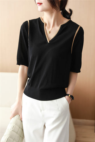 Best 高端品质！气质金线点缀 扬子羊毛薄款短袖针织衫 女