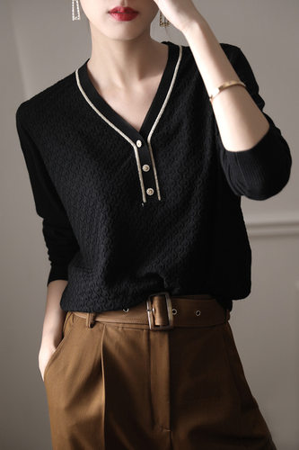 初春新款女装2022v领长袖针织衫套头薄款 休闲宽松打底衫上衣