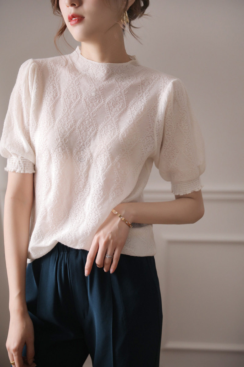 黑色镂空针织衫女薄款短袖宽松时尚打底衫2021年春夏泡泡袖上衣夏