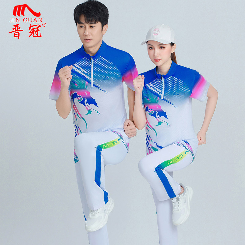 晋冠夏季中国龙图案短袖运动套装男女健身操广场舞柔力球半袖t恤