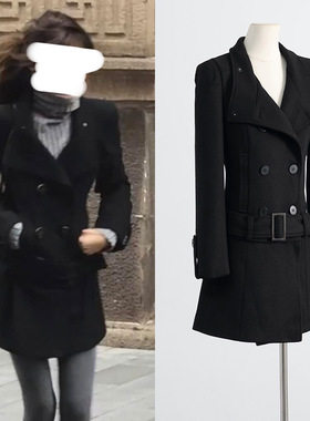 2026春ranran同款黑色修身毛呢外套可拆卸下摆设计加厚呢子大衣女