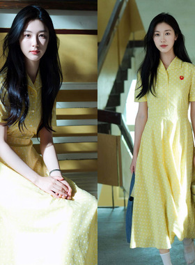 2026夏郭晓婷同款法式复古风黄色波点中长款修身显瘦衬衫连衣裙女