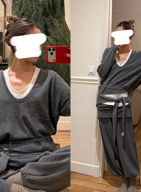 2026春nana同款松弛感灰色宽松针织上衣束脚阔腿裤休闲时尚套装女