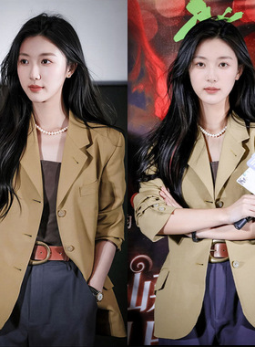 2026春谭松韵同款收腰显瘦黄色小西装外套直筒休闲西裤两件套装女