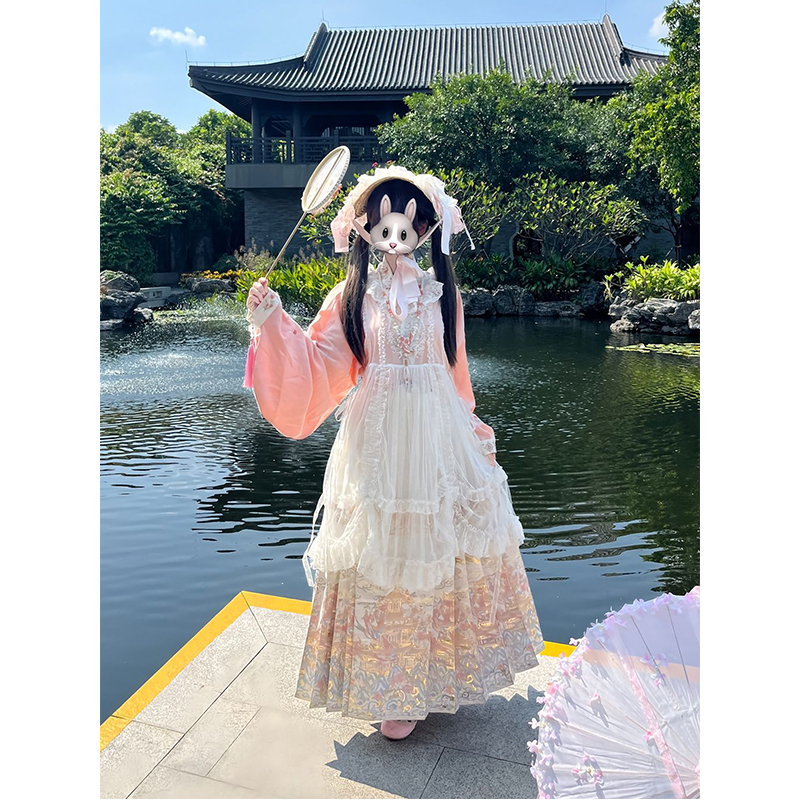 粉色汉洋折衷汉服女明制琵琶袖交领上衣马面裙洛丽塔lolita裙秋冬