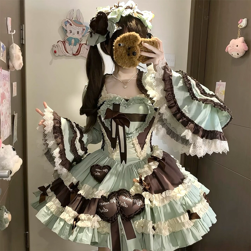薄荷巧克力可爱优雅Lolita裙jsk姬袖坎肩套装洛丽塔洋装公主裙
