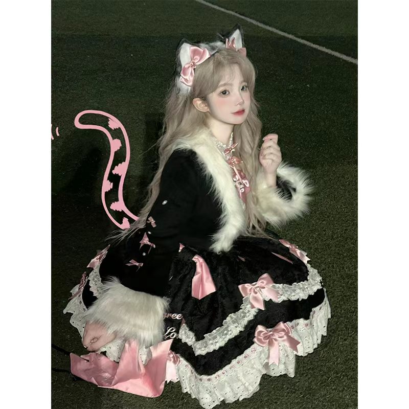 可爱甜美少女感毛绒绒lolita裙外套连衣裙洛丽塔冬季套装日常洋装