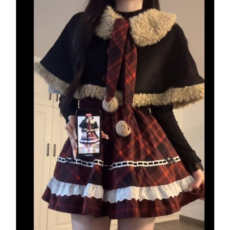 圣诞初雪 冬季新款圣诞新年战袍设计感斗篷公主连衣裙甜美风套装