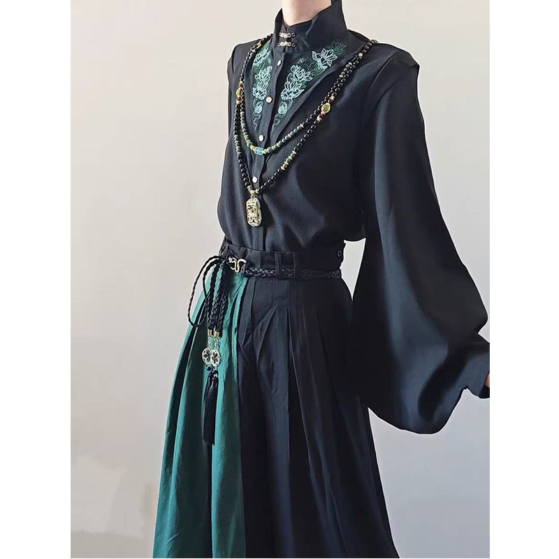 新中式国风刺绣琵琶大袖盘扣黑衬衫男女汉元素中式立领上衣汉服