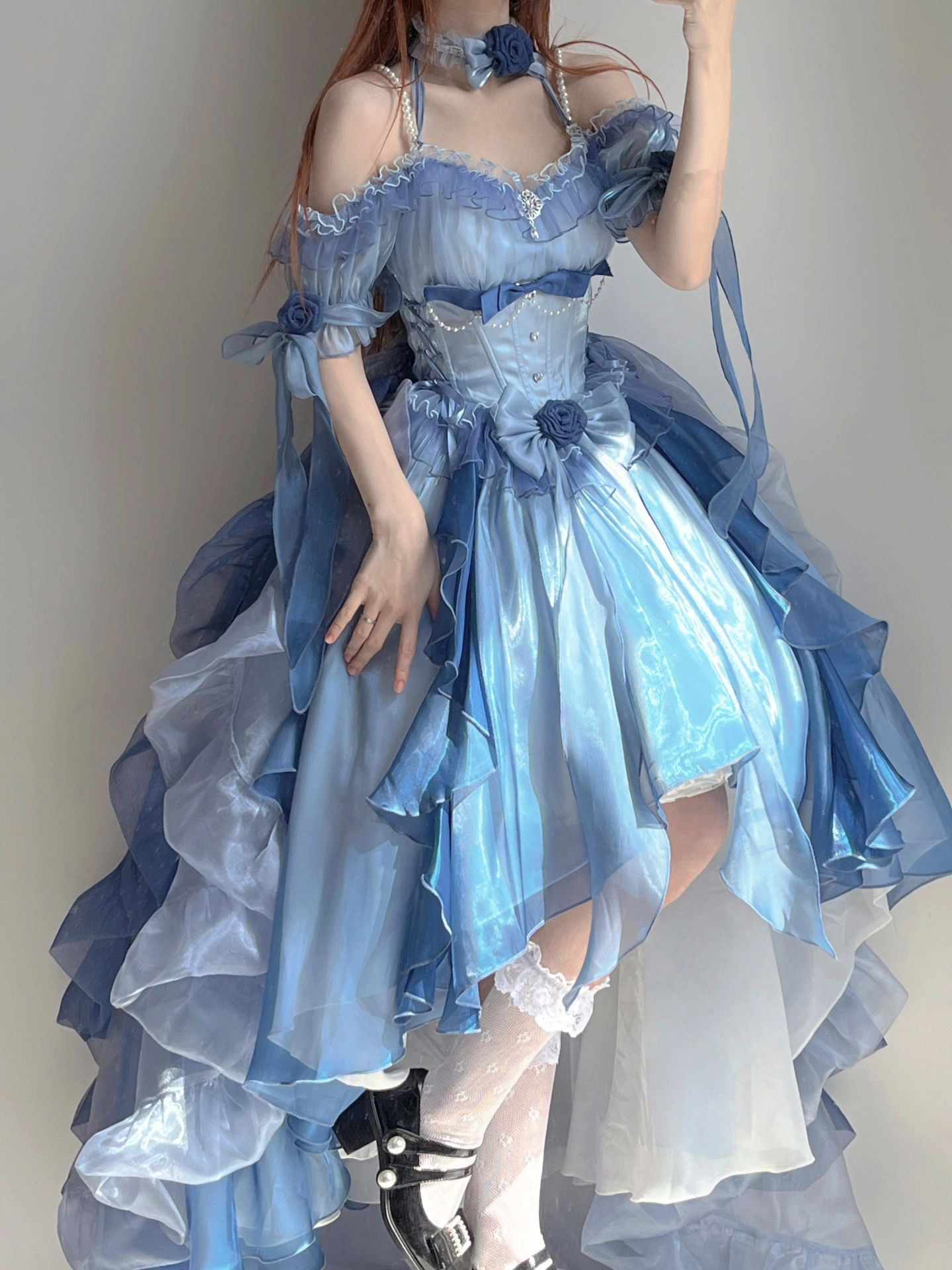 蓝色花嫁礼服lolita连衣裙洋装洛丽塔重工拖尾蓬蓬公主裙
