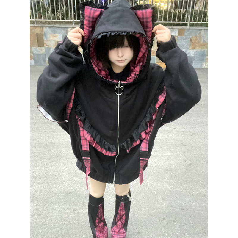 日系二次元黑红格子亚文化可爱宽松加绒冬季保暖外套