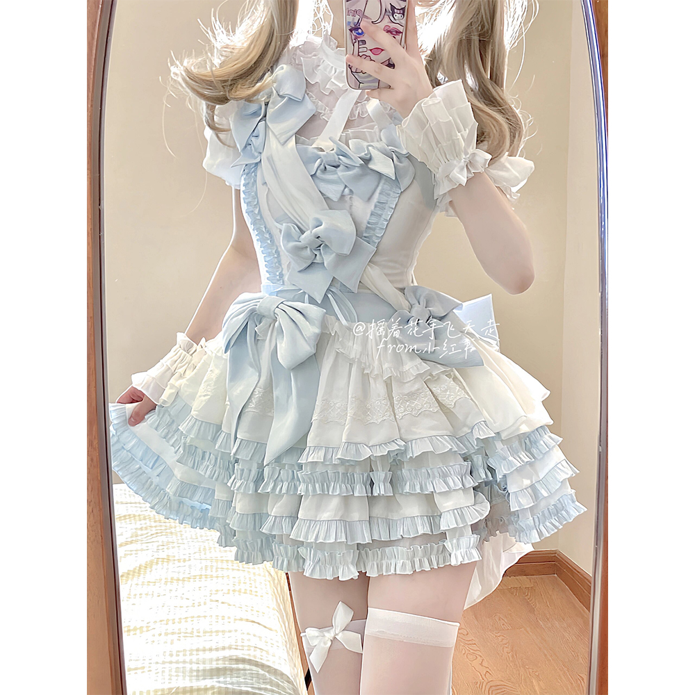 蓝白甜美打歌服lolita裙可爱洛丽塔公主裙蝴蝶结花边公主裙