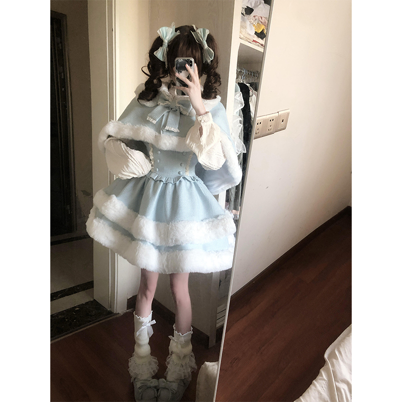 甜美可爱洛丽塔毛绒蝴蝶结斗篷打底衬衫收腰蓬蓬裙秋冬Lolita裙