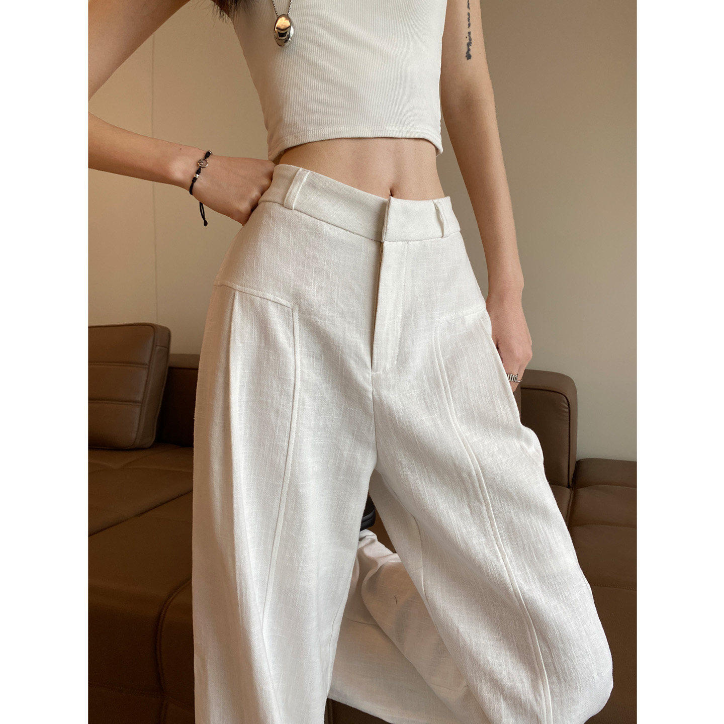 白色苎麻阔腿裤女夏季薄款高腰垂感老钱风西装直筒棉麻休闲 裤子