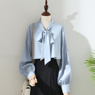 通勤OL长袖 女气质灯笼袖 上衣 蓝色蝴蝶结缎面垂感衬衫 2025春秋新款