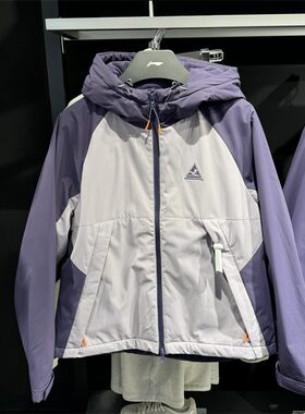 李宁春季女子加绒加厚保暖连帽运动风衣棉服拼色夹克外套AJMV214